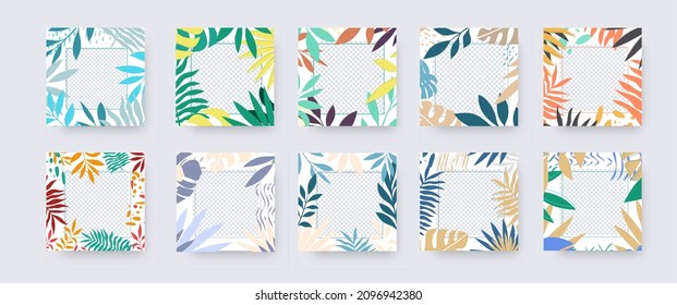 Vector social media post with colorful design, tropical leaves, exotic twigs on a white background. Square banner template with place for photo for presentation and business concept. Palm, monstera