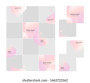 Vector social media post grid background set. Pink abstract shape backdrop. Romantic mood, love, holiday flowers concept. Design for social media post, ad, announcement of winner, voucher.