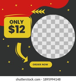 vector de plantillas de publicaciones de medios sociales con predominantemente colores rojo, negro y amarillo, colores elegantes y muy atractivos intercalados con texto por sólo $ 12, banners de medios sociales, plantilla de banner
