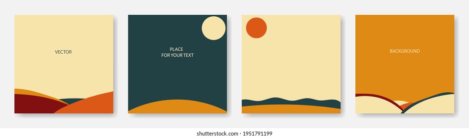 Vector social media posting kit, copy space with place for text. Natural elements sun, moon, desert, sea in a vintage palette. Minimalist decor posters