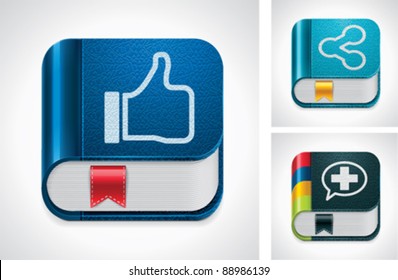 Vector social media sharing icon set. Blue book with thumbs up hand palm, black book with plus symbol 