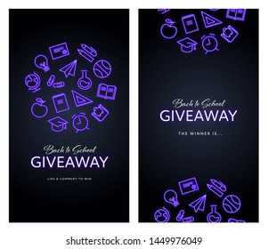 Vector Social Media Story Neon Template. Back To School Theme. Circle Of Glowing Purple Education Icon Set With Bulb Light Text On Black Background. Design For Post, Promotion Giveaways.