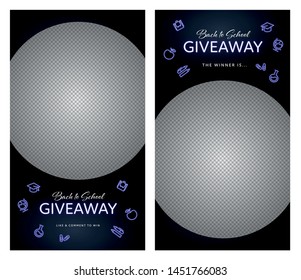 Vector social media story neon template. Back to school theme. Circle photo frame, glowing purple icon set with illuminated text on black background. Design for post, promotion giveaways.