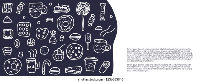 Vector social media template of desserts. Sweets cakes, donuts, candy and others snacks in doodle style isolated on white background. 