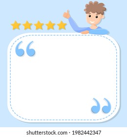 Vector social media template, feedback post with quotes, five stars and space for text, on blue background. Curly man, showing thumb; smiling and happy
