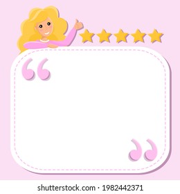 Vector social media template, feedback post with quotes, five stars and space for text, on pink background. Blonde woman, showing thumb; smiling and happy