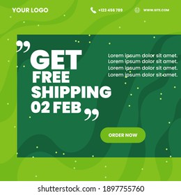 Vector social media template,  get shipping next month dominant green color, suitable for food products, clothing, and environmental sustainability events, promotional banners, big sales, discounts, 