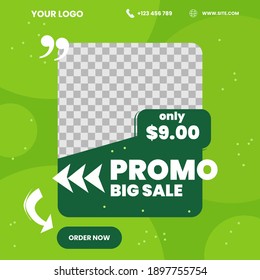 Vector social media template, promo big sale, dominant green color, suitable for food products, clothing, and environmental sustainability events, promotional banners, big sales, discounts, 