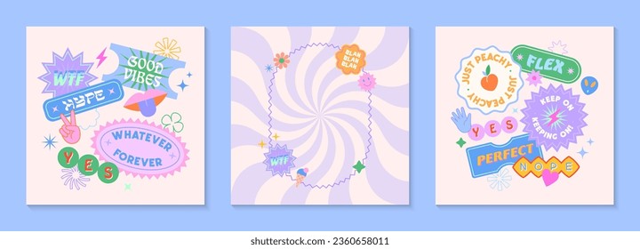 Vector social media templates with patches and stickers in 90s style.Modern emblems in y2k aesthetic with spiral background.Trendy funky designs.