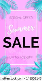 Vector social media vertical template with turquoise tropical leaves and text Summer Sale on the pink background with brush stroke. Web banner design. 