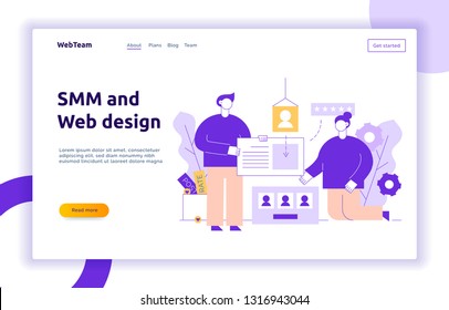 Vector social media and website creation process design concept with big man and woman holding web elements. Brainstorming picture with cogs, buttons, avatars, leaves. Mobile web design illustration.
