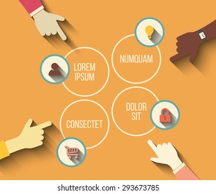 Vector social meeting concept in modern flat design with hands and choice elements. Business presentation or infographic template.