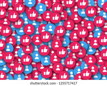 Vector social network background with like thumbs up, blue new user icons pattern for live stream video chat. Web buttons for internet marketing campaign template, posters