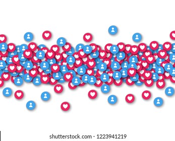 Vector social network background with red like heart and blue new users icons in red circle line for live stream video chat. Web buttons for internet marketing campaign posters