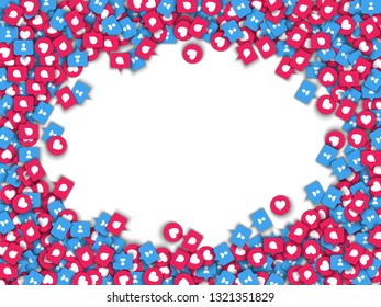 Vector social network background with red like heart, blue users and chat bubble icons in red circle circle frame for live stream video chat. Web buttons for internet marketing campaign posters