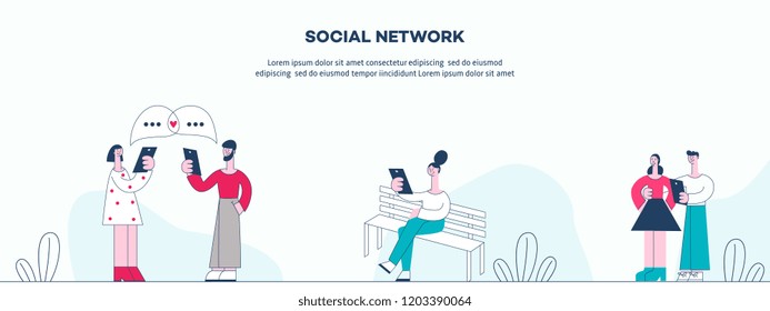 Vector social network concept with young girl and man hugging making selfie on smartphone, woman typing at bench, couple in love via dating service. Male, female characters internet interactions