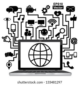 Vector : Social Network or Social Media Concept Present By Computer Laptop or Computer Notebook With The Earth on Screen and Group of Online Communication Icon Isolated on White Background