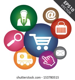 Vector : Social Network, Social Media, E-Commerce or Online Business Concept Present By Group of Colorful E-Commerce Icon Isolated on White Background 