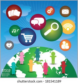 Vector : Social Network or Social Media Graphic, Social Media Icon With World and People in Blue Sky Background