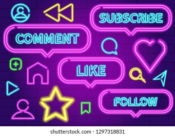 Vector social notifications sign and symbols in neon light. Subscribe, comment, like, follow in speech bubbles. Heart, arrow, star, home, play, rewind, add and other icons