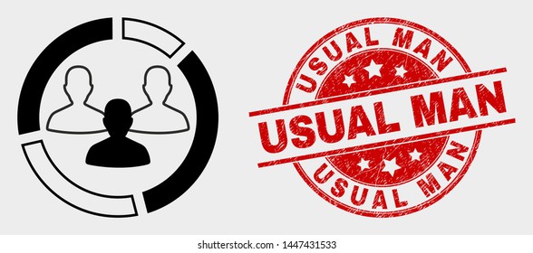 Vector social pie chart pictogram and Usual Man stamp. Red rounded scratched seal stamp with Usual Man text. Vector composition for social pie chart in flat style.