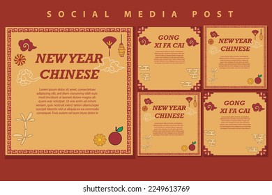 vector socila media post, poster, chinese new year promotion with ornament design, and yellow red color. vector elements suitable for social media promotion, greeting new year chinese