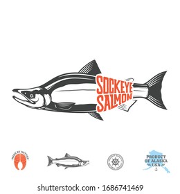 Vector sockeye (red) salmon label isolated on a white background. Salmon raw steak and fish illustration for groceries, fisheries, seafood shop packaging and advertising