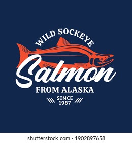 Vector sockeye salmon logo. Salmon label with sample text. Fish illustration. Vector seafood logotype design