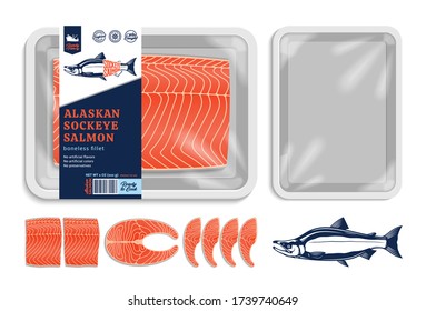 Vector sockeye salmon packaging illustration. White foam tray with plastic film mockup. Modern style seafood label