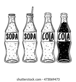 Vector Soda Drawing. Hand Drawn Soda Illustrations. Vintage Summer Drink Sketch. Great For Restaurant Or Cafe Drink Menu. Soda Or A Cocktail In A Bottle With A Straw. The Inscription Can Be Replaced