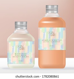 Vector Soda o Zumo Bebida Frasco de Plástico Transparente con Tapa Metálica Plata. Ajuste De Resumen De Pastel En Torno Al Diseño De Etiqueta.