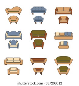Vector sofa and armchair icons in retro colors isolated. Interior elements collection. Furniture shapes. 