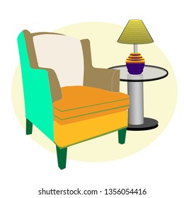 Vector sofa chair with glass table and table lamp