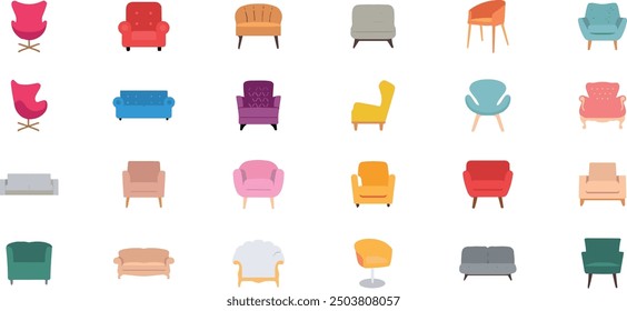 Vector sofa icon set. Colored collection in flat style with long shadows.