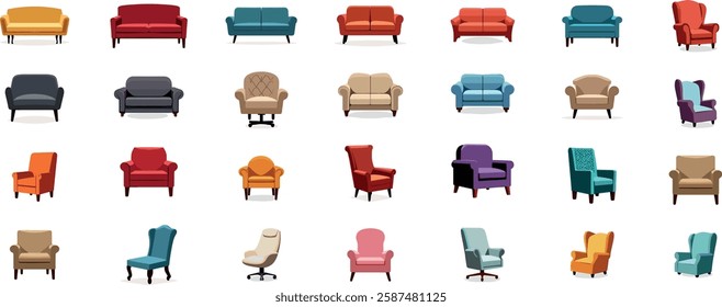 Vector sofa icon set. Colored collection in flat style with long shadows.