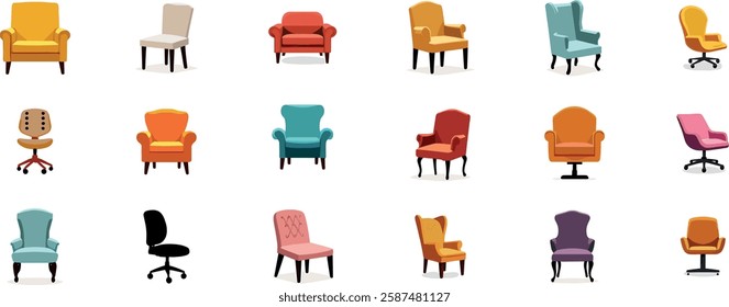 Vector sofa icon set. Colored collection in flat style with long shadows.