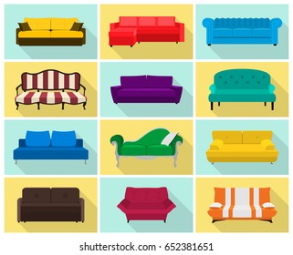 Vector sofa icon set. Colored collection in flat style with long shadows. Templates for interior design. EPS10 illustration.