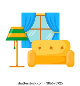 Vector sofa interior. Cartoon living room interior with sofa, lamp, window. Vector illustration with front view sofa interior. Home relaxing. Isolated sofa interior. Cartoon furniture, indoor design