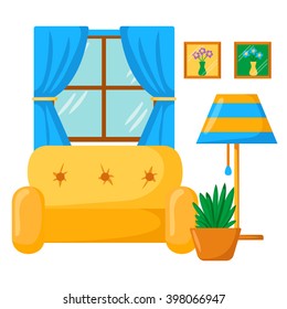 Vector sofa interior. Cartoon living room interior with sofa, lamp, window. Vector illustration with front view sofa interior. Home relaxing. Isolated sofa interior. Cartoon furniture, indoor design
