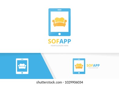 Vector sofa and phone logo combination. Couch and mobile symbol or icon. Unique armchair and device logotype design template.