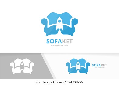 Vector sofa and rocket logo combination. Couch and airplane symbol or icon. Unique armchair and flight logotype design template.