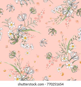 Vector soft blooming floral pattern, delicate flowers, yellow, blue and pink flowers, greeting card template on sweet pink background.