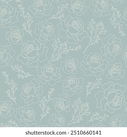 Vector, soft blue floral seamless pattern design. Perfect for wallpaper, fabric, invitations. Original hand drawn artwork recreated in adobe illustrator.