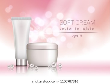 Vector soft cosmetic cream blank package adevrtisement template with pearls and sparkles