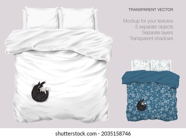 Vector soft fabric pillow mock up for your design. Gray cat slipping on the cushion. Pillows with transparent shadows. View from the top