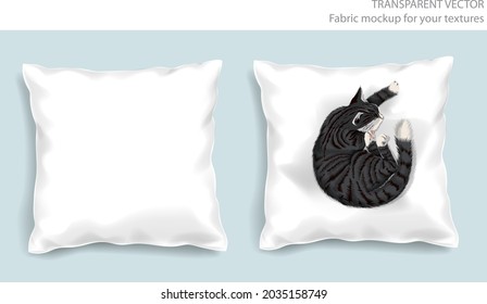 La almohada de tela suave vectorial se burla de tu diseño. Gato gris resbalando en el cojín. Las almohadas con sombras transparentes. Ver desde arriba