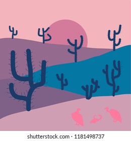 Vector. Soft nature landscape with pink, blue and purple sky, desert, volcanoes or mountains. Illustration on pink, blue and purple colors. In simple minimalistic flat style. Scene for your design.