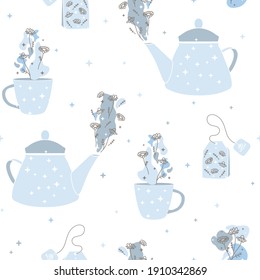 Vector Soft Pastel Relaxing Chamomile Tea Set on White seamless pattern background. Perfect for fabric, wallpaper and scrapbooking projects.