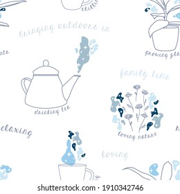 Vector Soft Pastel Relaxing at Home on White seamless pattern background. Perfect for fabric, wallpaper and scrapbooking projects.