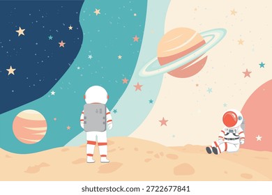 Astronautas suaves del paisaje del espacio del pastel del Vector que se relajan en un planeta alienígena debajo de un cielo lleno de estrellas y de anillos